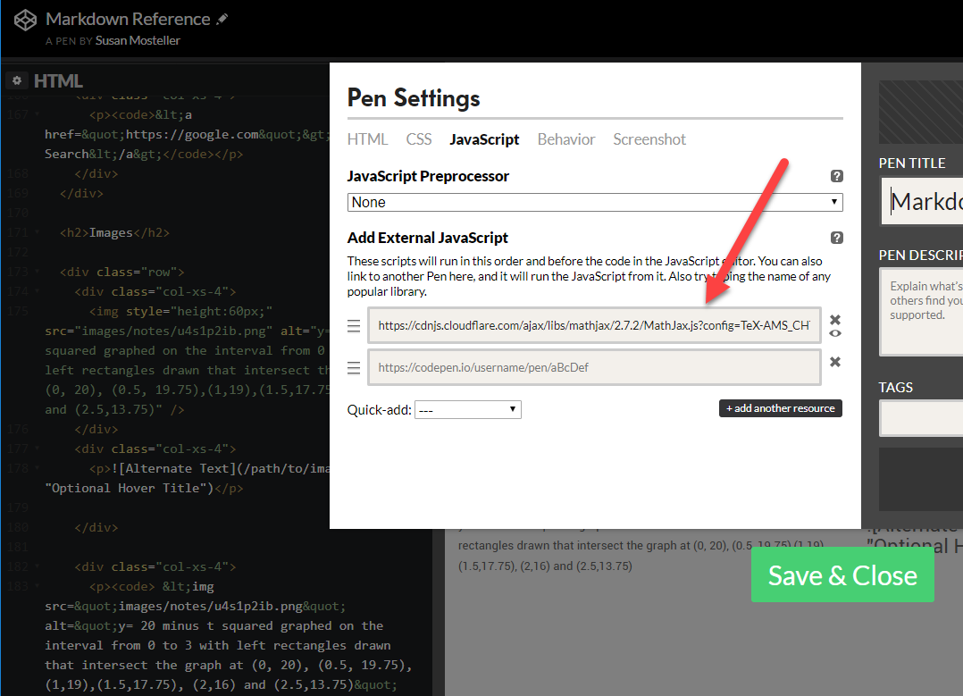 screenshot of where to paste the JavaScript code in CodePen