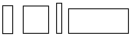 Four rectangles of various sizes but basically the same heights.  The primary difference is the widths of the rectangles.  The 3rd rectangle is the thinest.  The 1st is a bit wider.  The 2nd is even wider, and the 4th is the widest. 