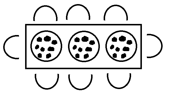 Small table with 3 pizzas on top.  There are 8 chairs around the table.