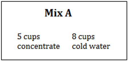 Mix A is 5 cups of concentrate and 8 cups of cold water.