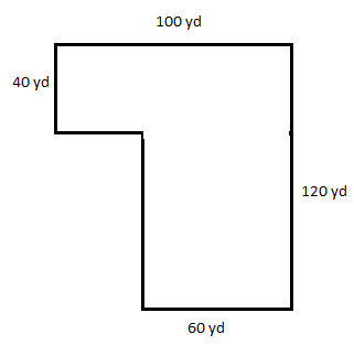 The yard is sahped by attaching a large ractangle on top of a smaller rectangle. The top rectangle has a length of 100 yards and a width of 40 yards. The bottom rectangle that is joined to the lower right side of the upper rectangle has a length of 60 yards and a width of 80 yards. 