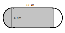 The track is in the shape of a rectangle with a half circle attached to each end of the rectangle. The length of the rectangle is 80 meters. The width of the rectangle is 40 meters. The diameter of the circle is 40 meters, the same as the width of the rectangle.