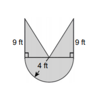 The shaded area is a figure formed by a semicircle at the bottom with right triangles attached to the left and to the right of the circle at the top. The bases of the triangles form the diameter of the semicircle. the triangles are identical in size and their bases meet halfway across the diameter of the circle. The radius of the circle is 4 feet and the height of both triangles is 9 feet.