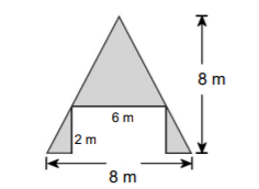 The shaded area is a triangle with a rectangle cut out of the bottom part of it. Th height of the triangle is 8 meters and the base of the triangle is 8 meters. The length of the rectangle is 6 meters and the width of the rectangle is 2 meters.