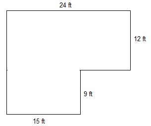 The backyard is formed by a larger rectangle on top of a smaller rectangle. The larger rectangle on the top has a length of 24 feet and a width of 12 feet. The smaller rectangle on the bottom is attached all the way to the left of the top rectangle and has a length of 15 feet and a width of 9 feet.