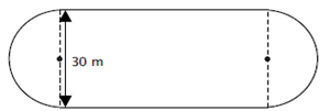 The track is in the shape of a rectangle with a semicircle attached on each end. The length of the rectangle is 150 meters and the width of the rectangle is 30 meters. The diameter of each semicircle is 30 meters, the same as the length of the rectangle.