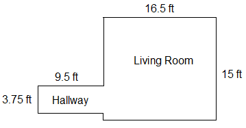 The Living room is a rectangle with a length of 15 feet and a width of 16.5 ft. The hallway extends from the rectangel on the left side near the bottom of the living room. The length of the hallway is 9.5 feet and the width of the hallway is 3.75 feet.