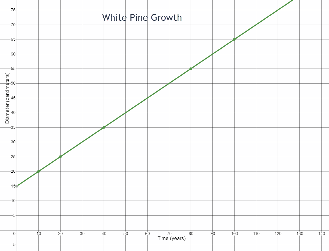 Coordinate plane graph of White Pine Growth. A line increasing from left to right is graphed. The horizontal axis for time in years is numbered from zero to 140 by tens. The vertical axis for Diameter in centimeters is numbered from zero to 75 by fives. The line starts at the point (0,15) and passes through points (10,20) and (20,25) and (40,35) and (80,55) and (100,65).