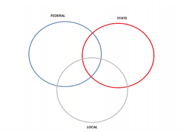 A blank Venn diagram with three intersecting circles.  The top left circle is labeled federal.  The top right circle is labeled state, and the bottom circle is labeled local.