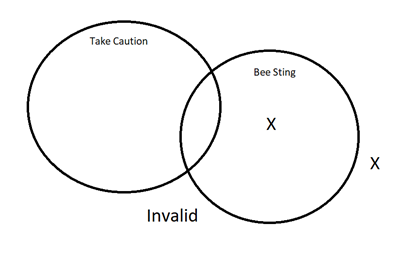 A venn Diagram with two intersecting circles. One circle represents taking caution and the other circle represents getting a bee sting. There is an X in side the bee sting circle, but not in the intersection of the two circles. There is also an X outside both circles. The argument is invalid. 