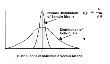 Two normal curves on a graph. The horizontal axis is labeled Distributions of Individuals versus Means.  One curve is taller and skinner, and the other is shorter and wider. The short, wide curve is labeled distribution of individuals and includes the sigma symbol.  The tall, skinny curve is labeled normal distribution of sample means and includes the formula sigma sub x bar equals sigma divided by the square root of n. 
